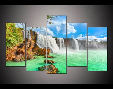Free Shipping 5 Panel Large Printed Painting Green Waterfall Canvas