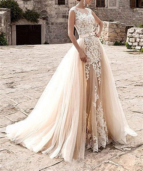 Charmingbridal Lace Wedding Dress Detachable Skirt Tulle Mermaid Gown