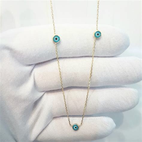 14K Real Solid Yellow Gold Trio Evil Eye Pendant Necklace For Women