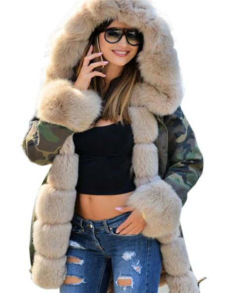 roiii thickened faux fur camouflage green parka fashion women casual hooded long winter jacket