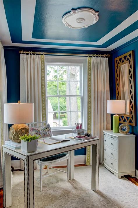Cheerful And Elegant Blue And Gold Home Office With White Furniture
