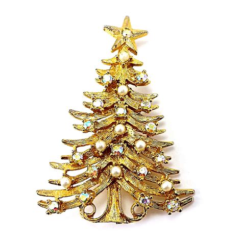 Christmas Tree Brooch Tanger Vintage Pin Faux Pearl Rhinestone Gold