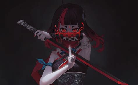 Samurai Anime High School Girl Katana Oni Mask 4k 62217 Wallpaper
