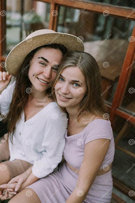 two lesbians have a date in cafe stock image image of laughing