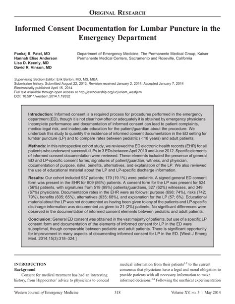 Pdf Informed Consent Documentation For Lumbar Puncture In The