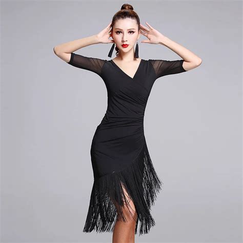 classic black sheer mesh mid sleeve v neck design women s latin dance performance costume tassel