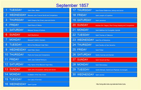 September 1857 Roman Catholic Saints Calendar