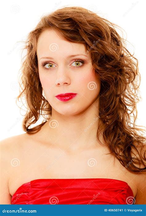 Portrait Young Woman With Beauty Long Brown Curly Hair Isolated Stock