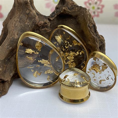 ***Limited Stock*** Gold Steel Teardrop Resin Plugs with Real Embedded Gold Flake