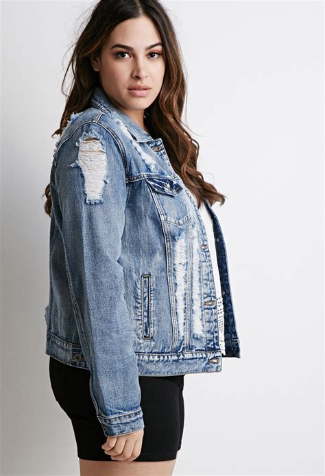 Forever 21 Plus Size Distressed Denim Jacket In Blue Lyst