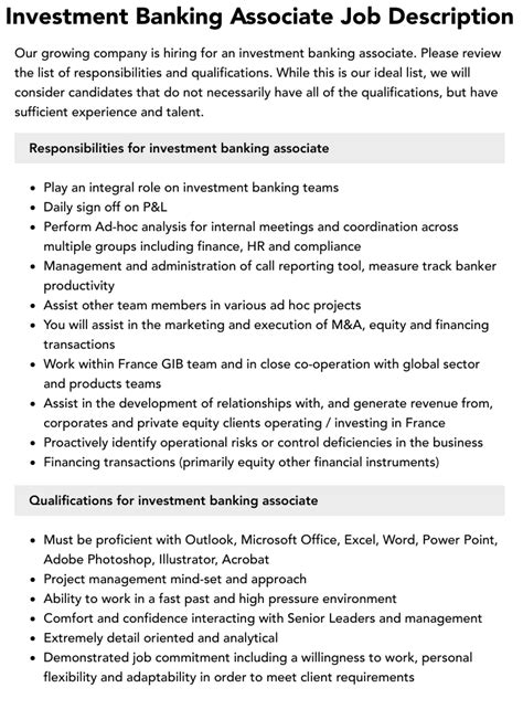 Investment Banking Associate Job Description Velvet Jobs