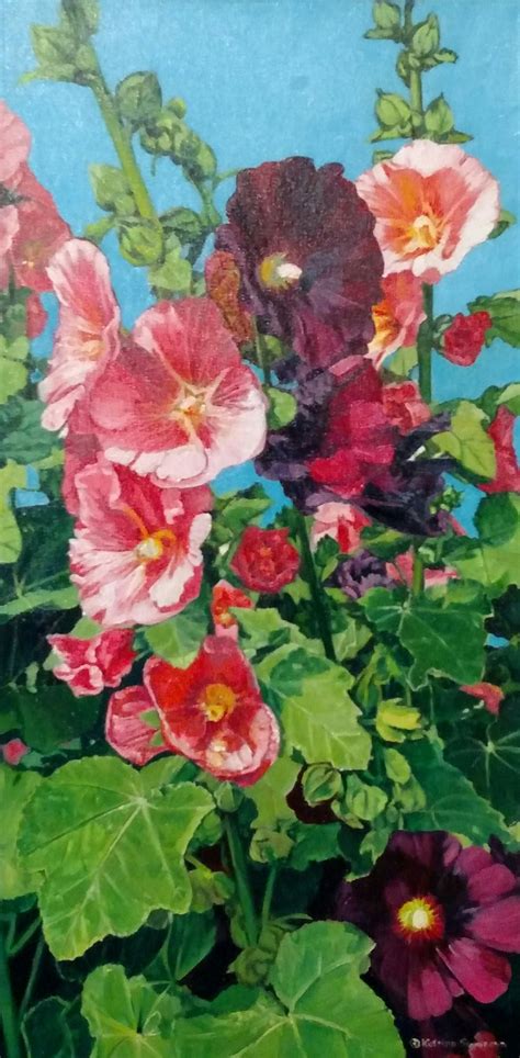 Hollyhock Garden Flower Painting Artist Painting Painting