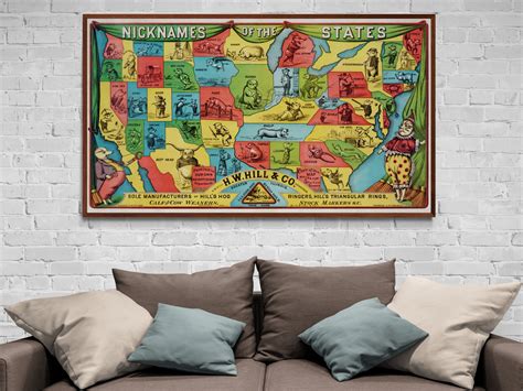 Nicknames Of The States Map Vintage Usa State Nicknames Map Etsy