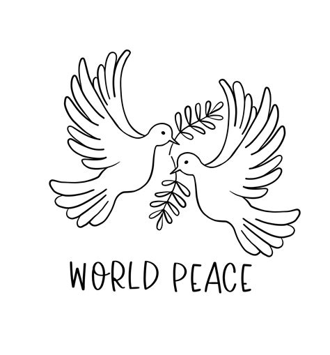 Two Flying Pigeons With A Branch And Leaves Dove Of Peace Hand Drawn