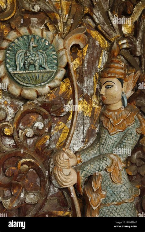 Myanmar Burma Burma Door Wooden Carving Figures Detail Close Up Craft