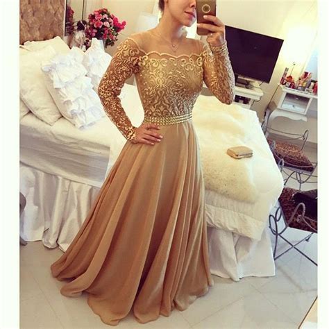 2016 New Design Evening Gowns Golden Off Shoulder Long Sleeve Chiffon A