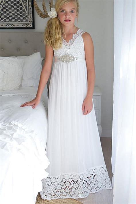 a line sleeveless chiffon empire white long flower girl dress with lace simibridaldresses