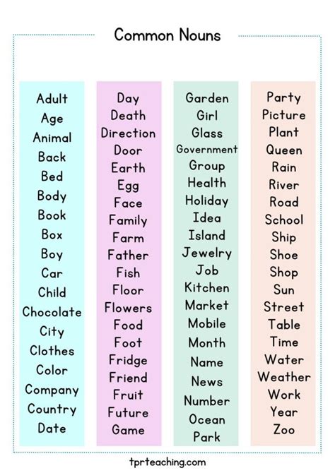 103 Common Nouns List In English With Meanings Tpr Teaching