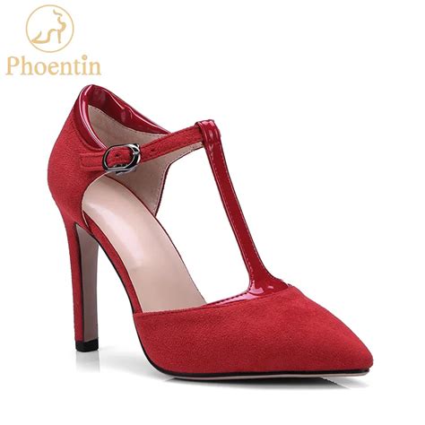 Phoentin Red T Strap Pumps Women Patchwork Sexy High Heels Pointed Toe Dress Stiletto Plus Size