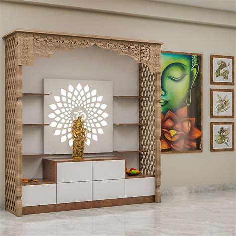 Spacious Traditional Pooja Room Design With Wooden Jali Livspace