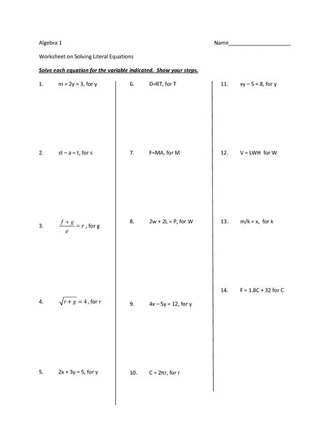 Math 103 section 3.1, 3.2: 13 Best Images of Literal Equations Worksheet Algebra 2 Math - Literal Equations Worksheet ...
