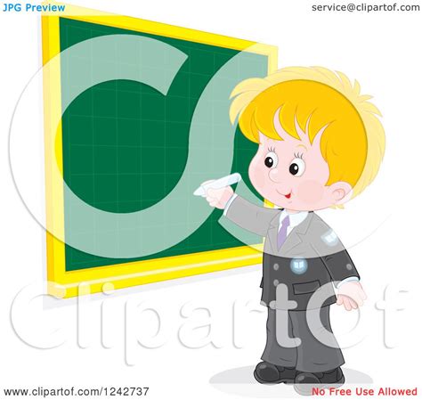 Clipart Of A Blond Caucasian School Boy Writing On A Grid Chalkboard
