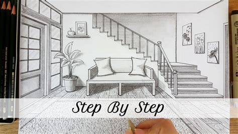 The room can be different from the example, but should include columns, windows, objects on the floor. How to Draw An Entryway In One Point Perspective | Step By ...