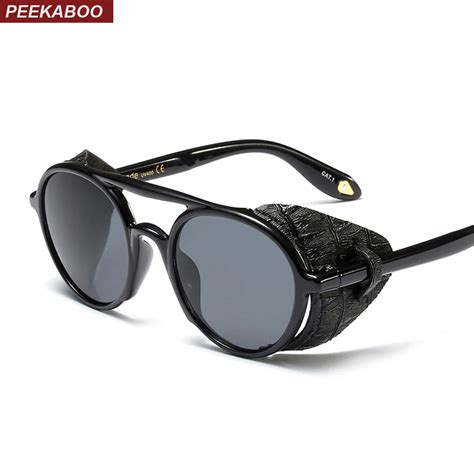 Peekaboo Steampunk Men Sunglasses With Side Shields 2019 Summer Style Leather Round Sun Glasses