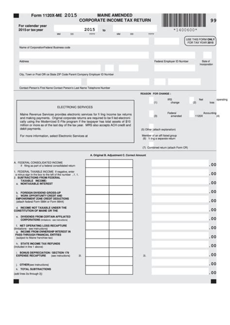 Select the tax year you are filing for to be directed to the forms for that year. Form 1120x-Me - Maine Amended Corporate Income Tax Return - 2015 printable pdf download