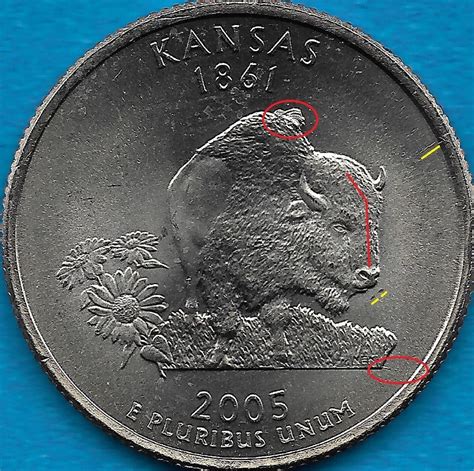 2005 P Kansas State Quarter Error Coin Rev Die Break On Hump