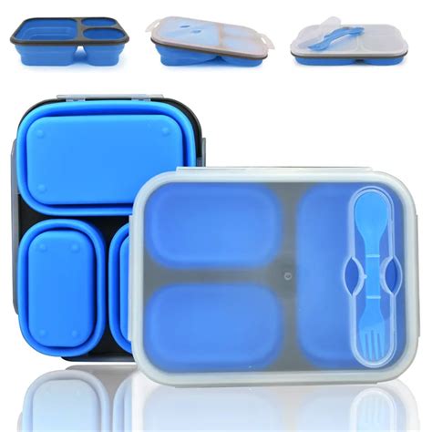 Mrosaa 3 Cells Portable Silicone Bento Lunch Box Collapsible Microwave