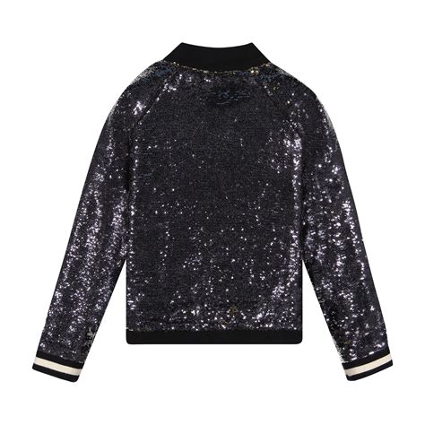 Svnty Girls Black Sequined Bomber Jacket With Striped Cuffs For Girls