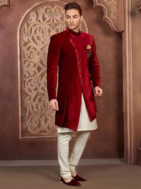 Price and other details may vary based on size and color. Mens wedding sherwani /Red velvet sherwani / Indian suit ...