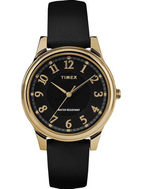 Womens Core 36mm Gold Tone Watch Black Leather Strap