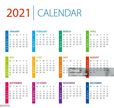 Ilustración De Calendario 2021 Ilustración Vectorial De Color La Semana Comienza El Domingo Y