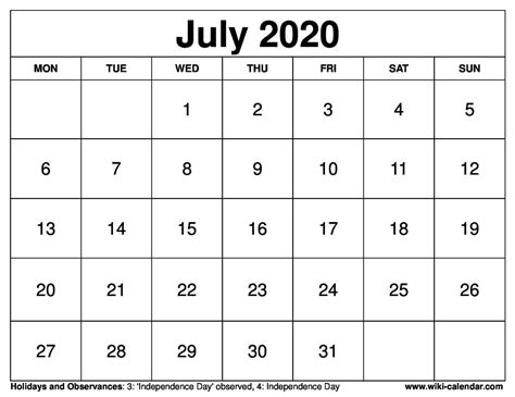 July Calendar Printable Monday
