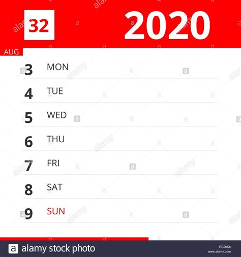 Calendar Week 32 2020 Month Calendar Printable