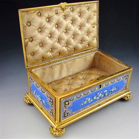 Superb 8 Antique French Gilt Bronze Jewelry Casket Box Raised Enameled