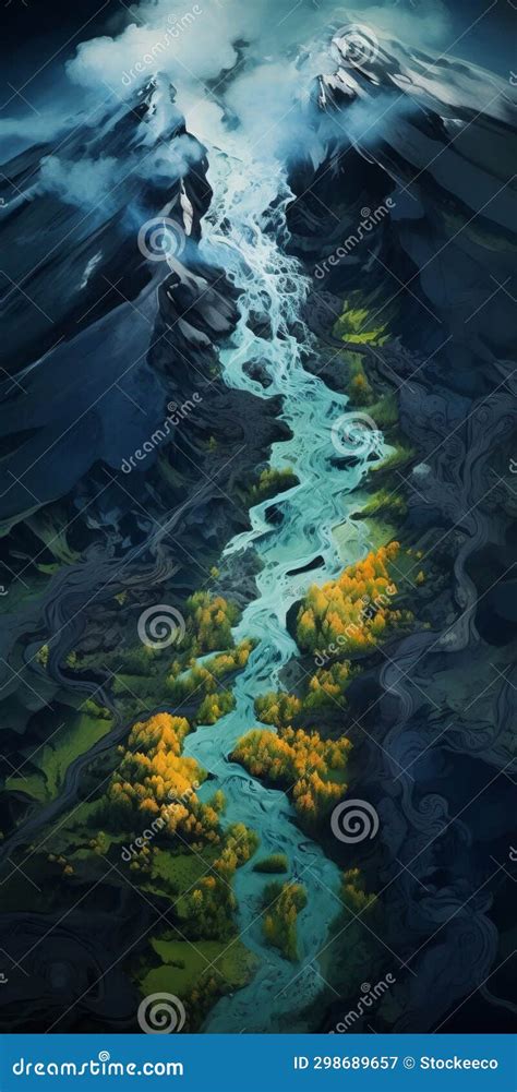 Hyper Realistic Animated River In The Mountains Concept Art Stock