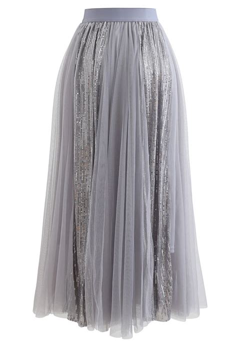 Shimmer Sequin Panelled Tulle Maxi Skirt In Grey Retro Indie And