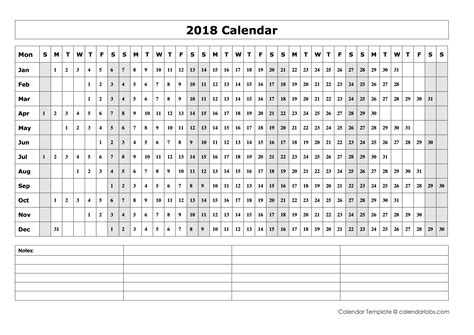 2018 Blank Year At A Glance Calendar Free Printable Templates