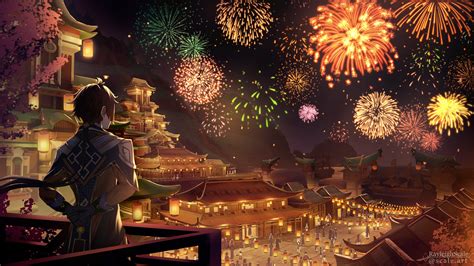 Fireworks Zhongli Dark Background Hd Genshin Impact Wallpapers Hd