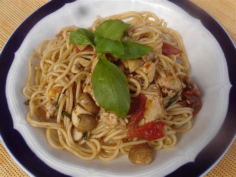 Spaghetti mit Tomaten - Champignon -Putengeschnetzelten Rezept