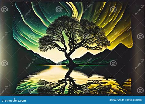 Northern Lights Aurora Borealis Lone Tree Reflection Over Lake Water