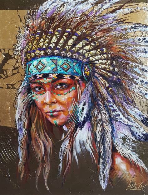 Portrait Native American Woman Portrait Abstract Girl Headdress Feathers Birds Painting By