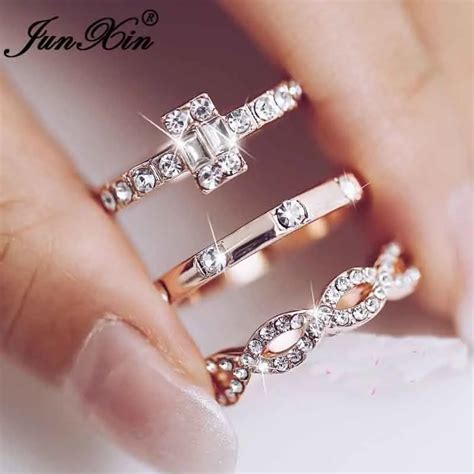 junxin cheap triple ring sets for women rose gold filled white crystal zircon cross infinity