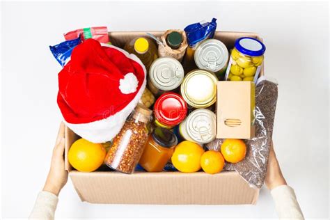 Christmas Donation Box Food Donations On Light Background With