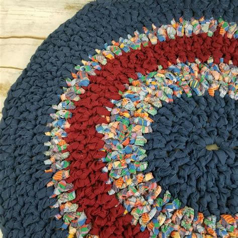 Hand Crocheted Upcycled Rag Rug Round Blue Red 28 Inch Etsy