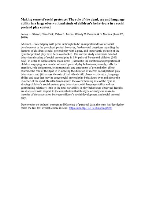 Pdf Making Sense Of Social Pretence The Role Of The Dyad Sex And Language Ability In A Large