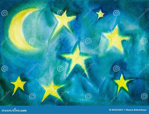 Moon And Stars Watercolor Children Style Painting Stock Illustration